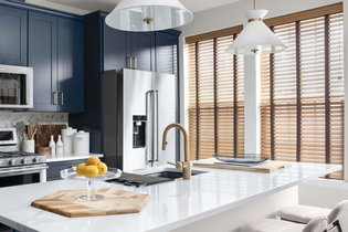 Airewood Maple faux wood window blinds, offering a stylish wood look with durability and excellent light control.