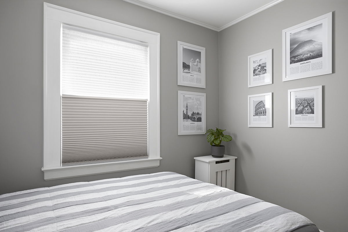 Day/night cellular shades in light-filtering white and blackout tan cover a window in a modern bedroom.