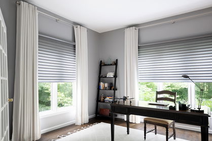 Drapery paired with Serenity sheer shades in a spacious home office.