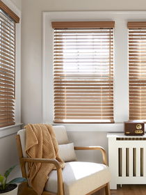 Real Wood Blinds in a Room with Sofa