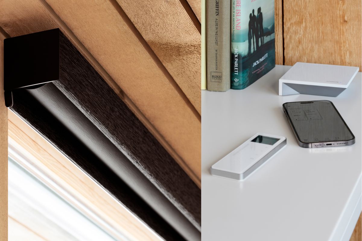 Side-by-side images of the motorized headrail of a motorized shade and also of a remote control next to a smartphone, illustrating how you can control you motorized shades. Side-by-side images of the motorized headrail of a motorized shade and also of a remote control next to a smartphone, illustrating how you can control you motorized shades.