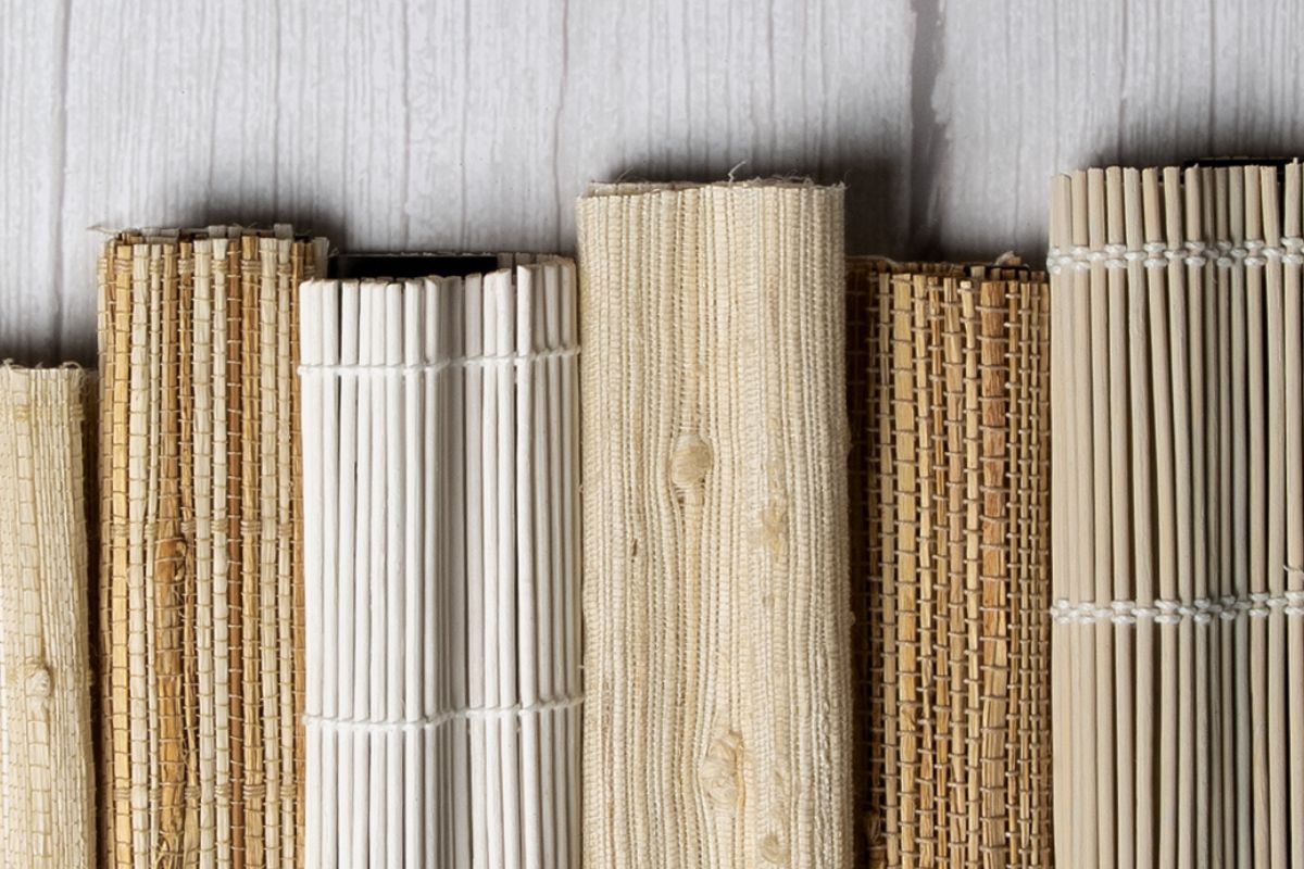 A variety of rustic woven wood shade swatches show side-by-side.