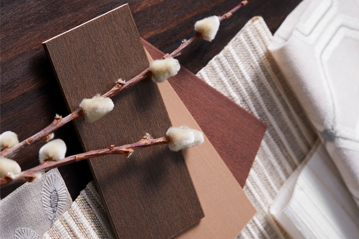 An assortment of naturally inspired real wood blinds and drapery swatches.