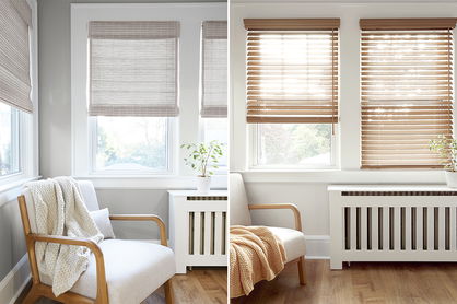 Side-by-side images of woven wood shades compared to real wood blinds.
